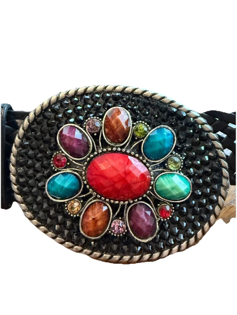 Buckle Your Belt Boho Western Style Braided Black And Gemstone Statement Belt